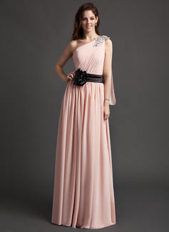 A-Line/Princess One-Shoulder Floor-Length Chiffon Charmeuse Evening Dress With Ruffle Sash Flower(s) Sequins (008015955)