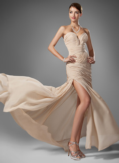 Vestido tubo Escote corazón Cola barrida Gasa Vestido de baile de promoción con Volantes Cuentas (018005251)