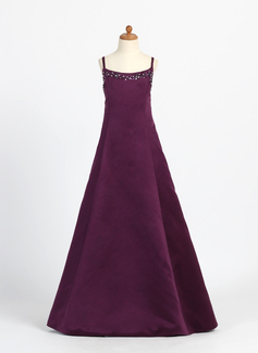 A-Line/Princess Scoop Neck Floor-Length Satin Junior Bridesmaid Dress With Beading (009000707)