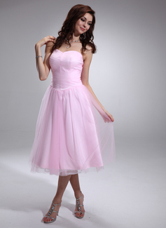A-Line/Princess Sweetheart Tea-Length Tulle Charmeuse Homecoming Dress With Ruffle (022009569)