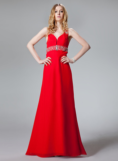 Fantastic A-Line/Princess V-neck Sweep Train Chiffon Charmeuse Evening Dresses With Ruffle Beading (017004434)