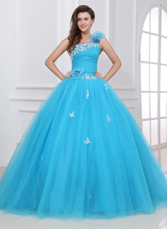 Ball-Gown One-Shoulder Floor-Length Tulle Quinceanera Dress With Ruffle Lace Flower(s) (021017437)