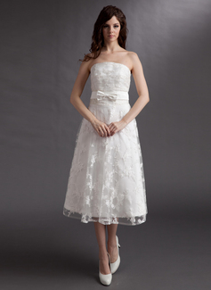 A-Line/Princess Strapless Tea-Length Satin Lace Wedding Dress (002016315)