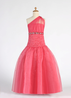 A-Line/Princess One-Shoulder Floor-Length Organza Flower Girl Dress With Ruffle Beading Sequins (010007333)