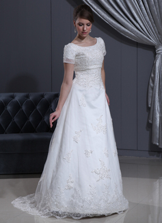 A-Line/Princess Scoop Neck Sweep Train Satin Tulle Wedding Dress With Lace Beadwork (002000311)