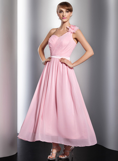 A-Line/Princess One-Shoulder Ankle-Length Chiffon Holiday Dress With Ruffle Sash Flower(s) (020014745)