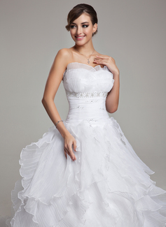 Ball-Gown Scalloped Neck Court Train Organza Wedding Dress With Ruffle Beadwork (002017554)