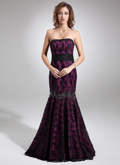 Mermaid Strapless Sweep Train Charmeuse Lace Evening Dress With Beading (017016745)