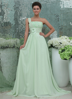 A-Line/Princess One-Shoulder Court Train Chiffon Prom Dress With Ruffle Lace Beading Flower(s) (018017400)