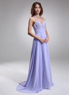 A-Line/Princess Halter Court Train Chiffon Evening Dress With Ruffle Beading (017016877)
