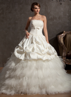 Ball-Gown Scalloped Neck Chapel Train Satin Tulle Wedding Dress With Beadwork Flower(s) (002014861)