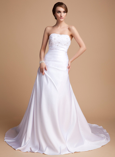A-Line/Princess Sweetheart Chapel Train Charmeuse Wedding Dress With Beadwork (002014492)