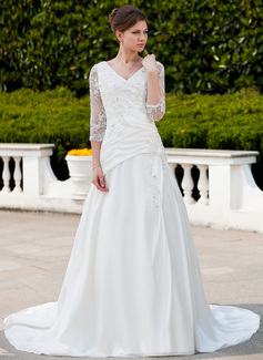 A-Line/Princess V-neck Chapel Train Satin Tulle Wedding Dress With Ruffle Lace Beadwork (002011625)