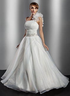 Ball-Gown One-Shoulder Floor-Length Organza Wedding Dress With Ruffle Beadwork Flower(s) Sequins (002014776)