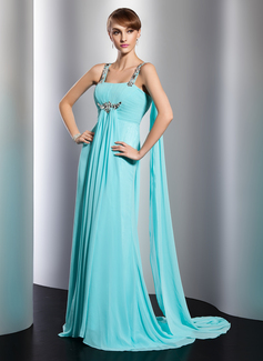 Empire Square Necklin Watteau Train Chiffon Evening Dress With Ruffle Beading (017014806)