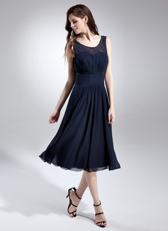 A-Line/Princess Scoop Neck Tea-Length Chiffon Bridesmaid Dress With Ruffle (007015677)