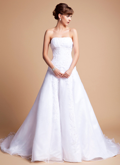 A-Line/Princess Strapless Court Train Organza Satin Wedding Dress With Ruffle Lace Beadwork (002012659)