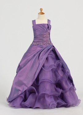 A-Line/Princess Square Neckline Floor-Length Taffeta Organza Flower Girl Dress With Ruffle Lace Beading (010005784)