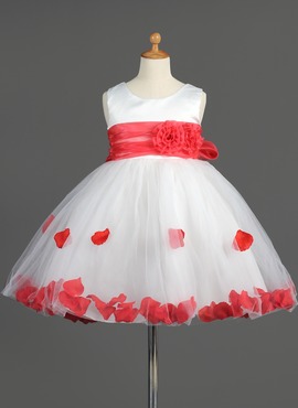 Empire Scoop Neck Knee-Length Satin Tulle Flower Girl Dress With Ruffle Sash Flower(s) (010014603)