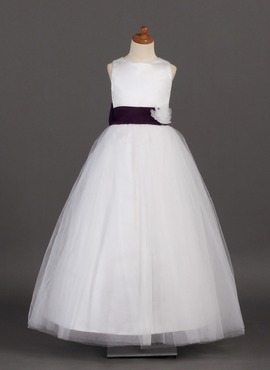 A-Line/Princess Scoop Neck Ankle-Length Satin Tulle Flower Girl Dress With Sash Flower(s) (010002142)