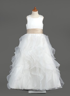 A-Line/Princess Scoop Neck Floor-Length Organza Satin Flower Girl Dress With Sash (010005799)