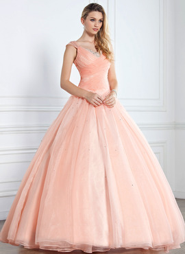 Ball-Gown V-neck Floor-Length Organza Satin Quinceanera Dress With Ruffle Beading Sequins (021002897)