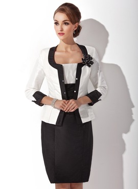 Sheath Square Neckline Knee-Length Taffeta Mother of the Bride Dress With Ruffle (008006143)
