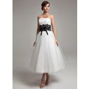 Ligne-A/Princesse Sans bretelles Longueur cheville Satin Tulle Robe de Mariée avec Dentelle Echarpes (002011609)