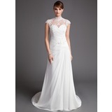 Sheath/Column High Neck Court Train Chiffon Tulle Wedding Dress With Ruffle Lace Beadwork (002012176)