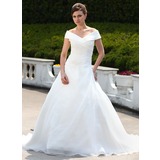 Ball-Gown Off-the-Shoulder Chapel Train Organza Wedding Dress With Ruffle Beadwork (002000599)