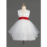 Empire V-neck Knee-Length Satin Tulle Flower Girl Dress With Lace Sash Beading Sequins (010014601)