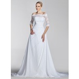 A-Line/Princess Off-the-Shoulder Court Train Chiffon Lace Wedding Dress With Beadwork Sequins (002004524)
