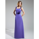 Sheath Square Neckline Floor-Length Satin Lace Bridesmaid Dress With Flower(s) (007019641)