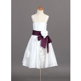 A-Line/Princess Tea-Length Taffeta Flower Girl Dress With Sash Flower(s) (010007370)