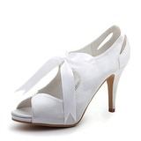Satin Stiletto Heel Peep Toe Platform Pumps Wedding Shoes With Ribbon Tie (047005035)