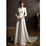 A-Line/Princess Off-the-Shoulder Chapel Train Satin Wedding Dress (002004779)