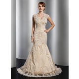 Mermaid V-neck Court Train Satin Tulle Wedding Dress With Lace Beadwork (002014773)