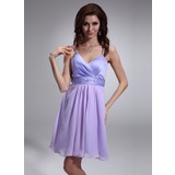 Empire V-neck Short/Mini Chiffon Satin Bridesmaid Dress With Ruffle Beading Sequins (022018794)