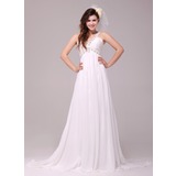Empire V-neck Court Train Chiffon Wedding Dress With Ruffle Beadwork (002014031)