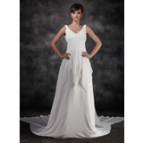 A-Line/Princess V-neck Watteau Train Chiffon Wedding Dress With Ruffle (002000565)