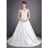 Ball-Gown Off-the-Shoulder Chapel Train Satin Tulle Wedding Dress With Embroidery Beadwork Sequins (002012813)
