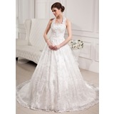 Ball-Gown Halter Chapel Train Satin Lace Wedding Dress With Beadwork Sequins (002012035)