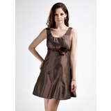 Empire Scoop Neck Short/Mini Taffeta Bridesmaid Dress With Ruffle Sash Flower(s) (022015823)