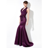 Mermaid Halter Sweep Train Chiffon Charmeuse Bridesmaid Dress With Ruffle (007004275)