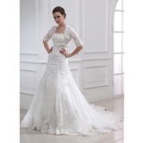 Empire Strapless Chapel Train Satin Tulle Wedding Dress With Lace Beadwork (002011990)