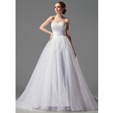 Ball-Gown Strapless Court Train Organza Satin Wedding Dress With Ruffle Lace (002004149)
