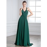 Empire Halter Watteau Train Chiffon Holiday Dress With Ruffle Beading (020025955)