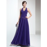 A-Line/Princess Halter Floor-Length Chiffon Bridesmaid Dress With Ruffle Beading (007001091)