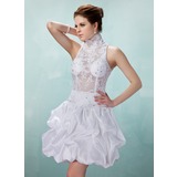A-Line/Princess High Neck Short/Mini Taffeta Lace Cocktail Dress With Ruffle Beading (016008897)