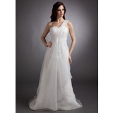 Empire One-Shoulder Court Train Organza Wedding Dress With Ruffle Beadwork (002012637)